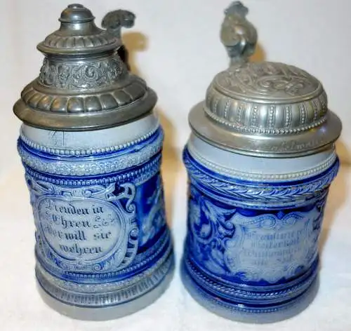 Zwei Bierkrüge,Steingut,blau-grau,Salzglasur,Zinndeckel,1900,reich ornamentiert