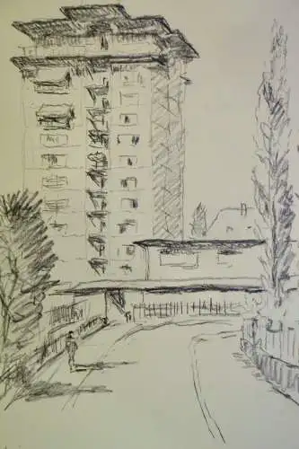 ,Bleistiftzeichnung,W.Ulrich , Hochhaus in Laim ( München)1960