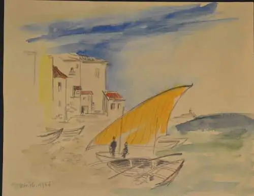 Aquarell,Ulrich,Bleistift+Aquarell, Fischerboote am Ufer,1961