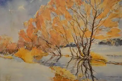 Aquarell,herbstliche Bäume am Bach,auf Papier,unleserlich signiert