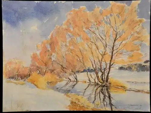 Aquarell,herbstliche Bäume am Bach,auf Papier,unleserlich signiert