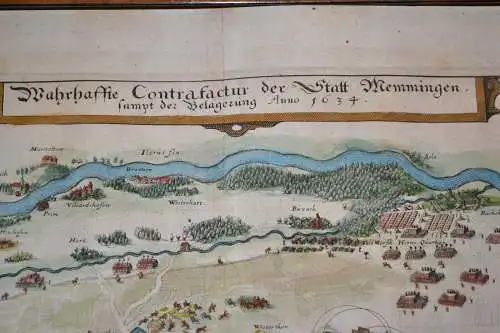 Kupferstich,koloriert, Karte der Stadt Memmingen samt Belagerung, 1634,Original