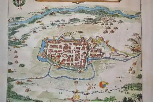 Kupferstich,koloriert, Karte der Stadt Memmingen samt Belagerung, 1634,Original