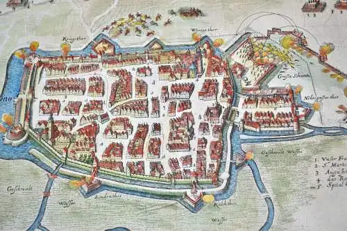 Kupferstich,koloriert, Karte der Stadt Memmingen samt Belagerung, 1634,Original