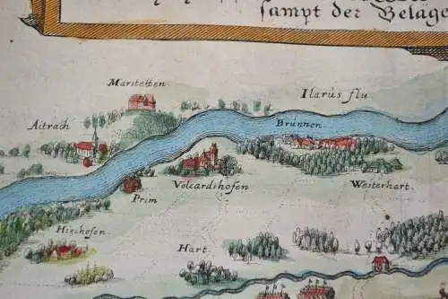 Kupferstich,koloriert, Karte der Stadt Memmingen samt Belagerung, 1634,Original