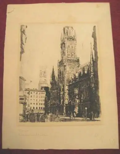 Radierung,V. Schulz,Rathaus in München,Zwiebeltürme,Marienplatz,37/250