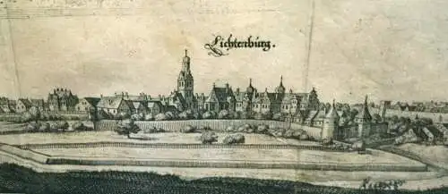 Kupferstich,Lichtenburg,Lichtenberg und Prettin(Brettin),Mathias Merian d.Ae.