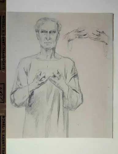 Pencil drawing representing a priest, with a study for two hands holding a bowl