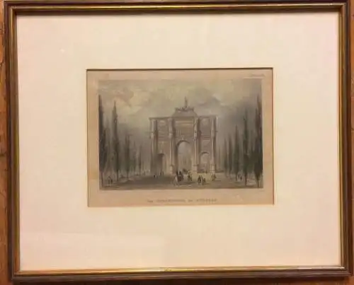 Das SIEGESTOR in MÜNCHEN - Colorierter Stahlstich, ca. 1850, im Passepartout