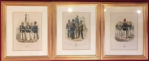 3 colorierte Lithographien Soldaten in preussischen Uniformen, Carl F. Schindler