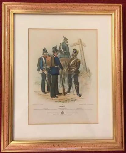 3 colorierte Lithographien Soldaten in preussischen Uniformen, Carl F. Schindler