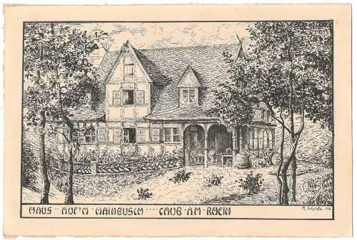 Tuschezeichnung HAUS AUF'M HAINBUSCH - CAUB AM RHEIN, signiert M. Schiele 1916