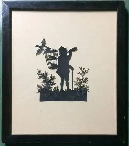 Kleiner Original-Scherenschnitt Vogelhändler unter Glas, gerahmt
