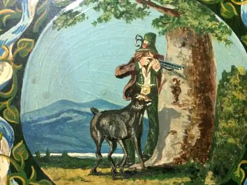 Wunderschöne runde Spanschachtel mit Jagdmotiv