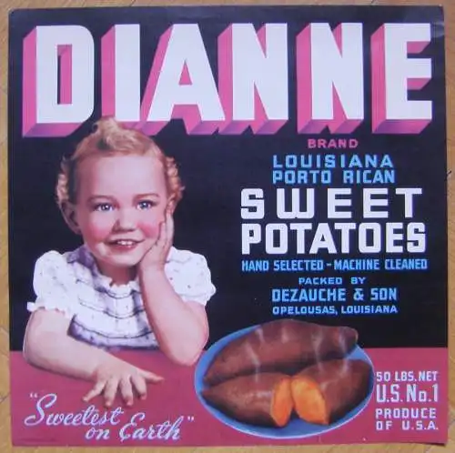 FRUIT / VEGETABLE LABEL Louisiana Porto Rican Dianne Sweet Potatoes 