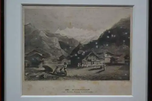 Stahlstich, Himalaya, Sicht vom Flecken Kursalle in Indien, etwa 1800, Baxard