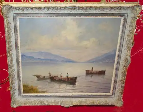 Ölbild,Fischer auf dem See,Gebirge im Hintergrund.,Stuckrahmen,ca 1930