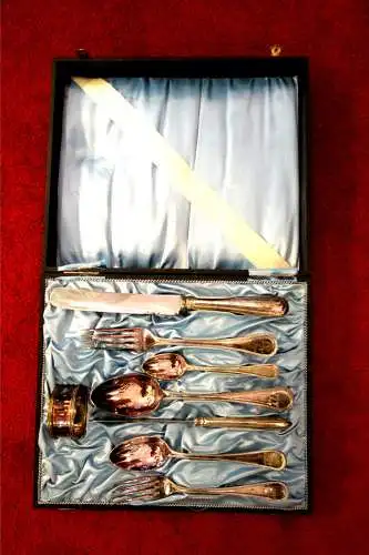 Besteckkasten mit versilbertem Besteck,8Teile.um 1920,Gebr.Hepp,90er Auflage 