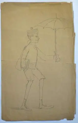 L. Scheuermann, Bleistiftzeichnung, Junge mit Schirm, etwa 1890