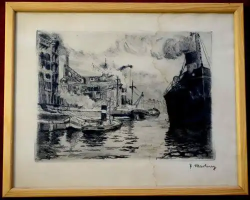 Radierung, F. Martiny?, Dampfschiff mit Leichtern