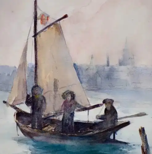 Aquarell, Netherlands, lake with a boat in front of a city
