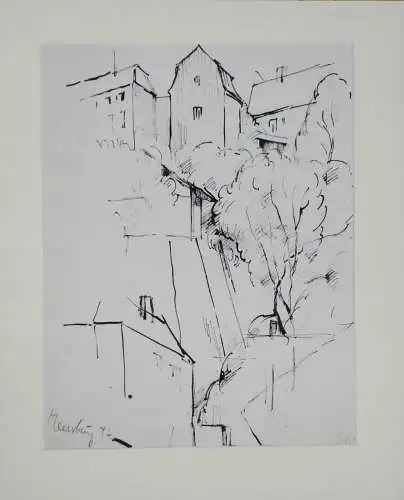Drawing, black ink and feather on paper, houses in Meersburg (Lake Constance)