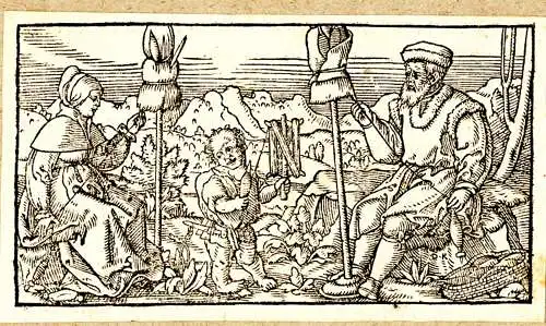 Kupferstich ,wohl 16.Jhdt, allegorische Bibelszene,Flachsspinner