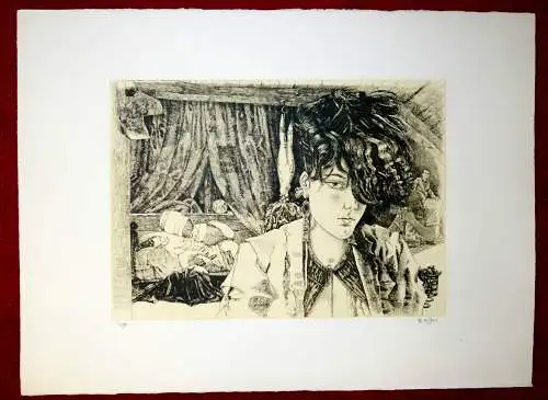 H. Anders, Lithografie, surrealistisches Bühnenbild mit großem Mädchenkopf 
