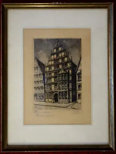 Hannover,Leibnizhaus, Radierung koloriert,sign. Mann od. Manz