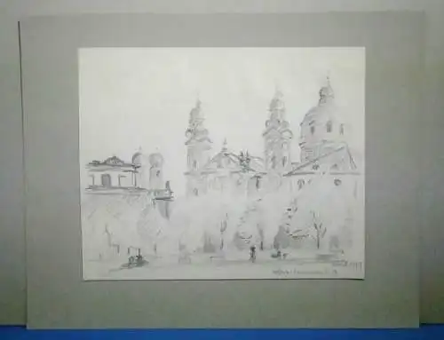 Bleistiftzeichn,W.Ulrich,sign. und datiert,Hofgarten mit Theatinerkirche, 1959