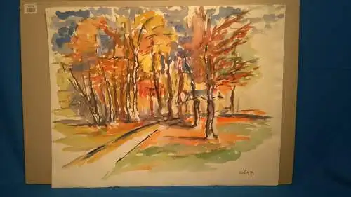 Aquarell,W.Ulrich,1973,herbstliche Landschaft mit Bäumen.