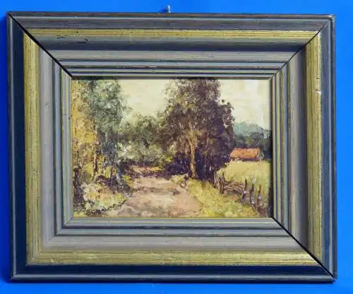 Ölbild, Landschaft mit Feldweg und Bäumen, Öl auf Karton, etwa 1930