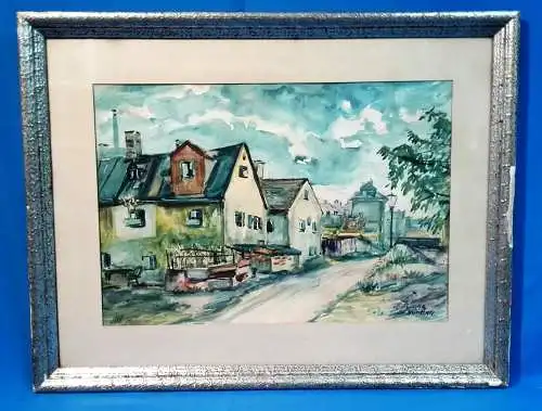 Aquarell, Gasse in München?, unleserlich signiert, 