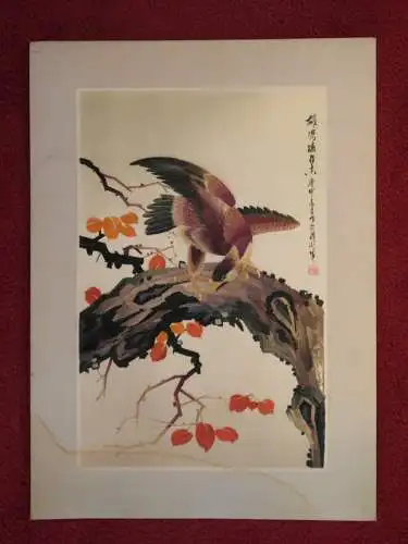 Bastbild, Japan, etwa 1930, Vogel auf einem Ast