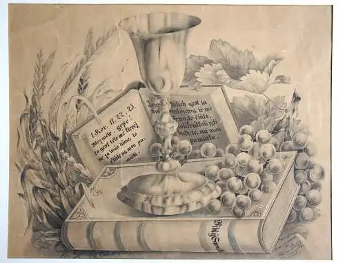 Tuschzeichnung, Bibly Swatia,Stillleben mit Bibel, Tschechien, V. Pribyl, 1874