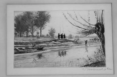 Radierung, Willy Münch-Khe, Angler am Fluß, etwa 1930, handsigniert
