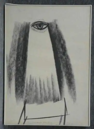 Bernhard Brodda,Kohlezeichnung, Gewissensauge über Tisch, 