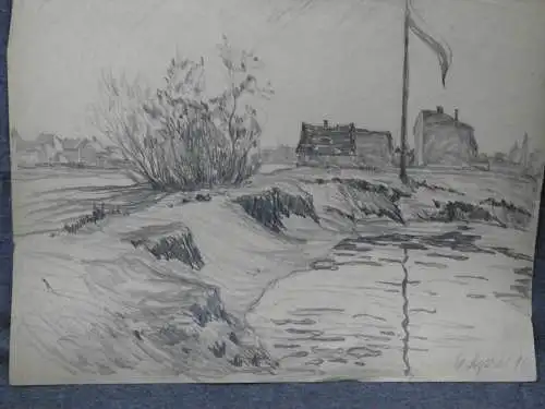 Bleistiftzeichnung 6.April 16,Auguste Reissmüller 1869-1958,Landschaft m.Stadt 