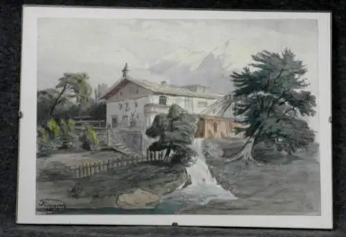 Bleistiftzeichnung,koloriert,Bauernhaus in den Bergen, sign. H. Kiewning,  1881 