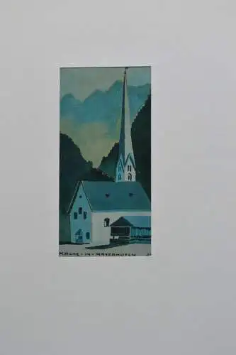 Lithografie, handkoloriert, Kirche in Mayrhofen