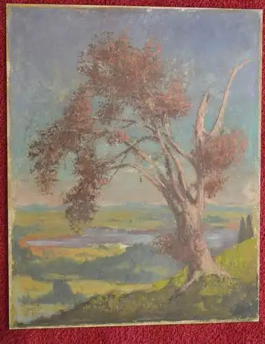 Ölbild auf Aluminiumplatte, Landschaft mit Baum, 1948, monogrammiert unbek.Maler