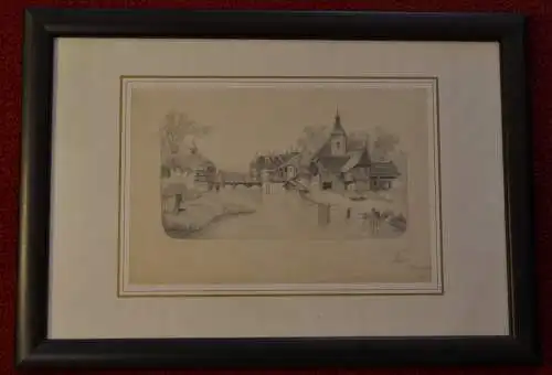 Bleistiftzeichnung, sign. Baier, 1872, Dorf am Fluß