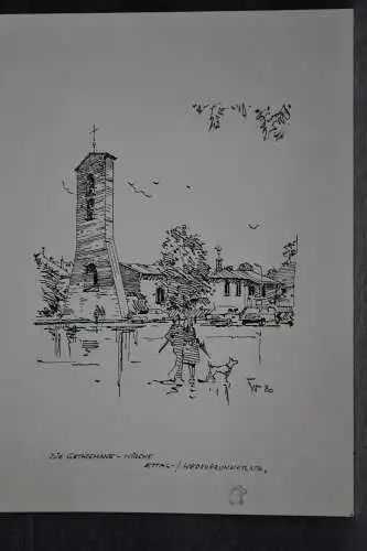 München,Tuschfederzeichnung,Bauer-Oltsch,Original,München, Gethsemanekirche