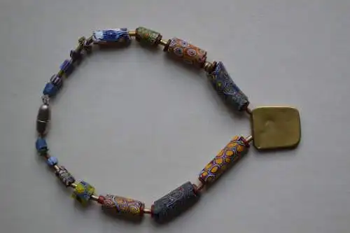 Schmuck,Halskette,Glas,Millefiori, Messing-Silberapplikation ca. 32 cm, 1960er 