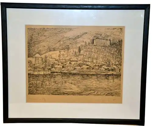 Lithografie,Passau ,Ilz, Veste Oberhaus,signiert,gerahmt
