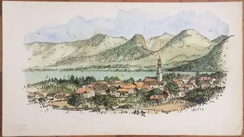 Tegernsee - Colorierte Original-Tusche-Zeichnung auf Karton von Karl Sally Bauer