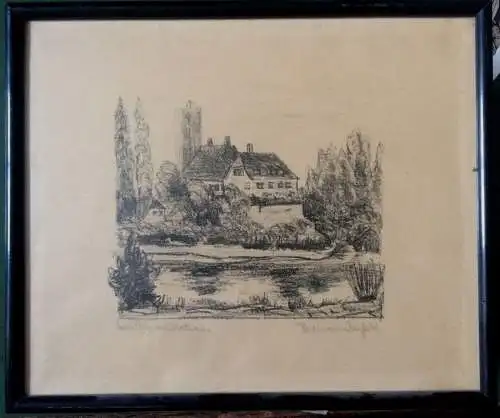 Lithographie „Lauffen a/N – Rathaus“ von Hermann Seybold, signiert, gerahmt