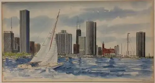 Colorierte Lithographie „CHICAGO SKYLINE“ von M. Elich, signiert, numeriert