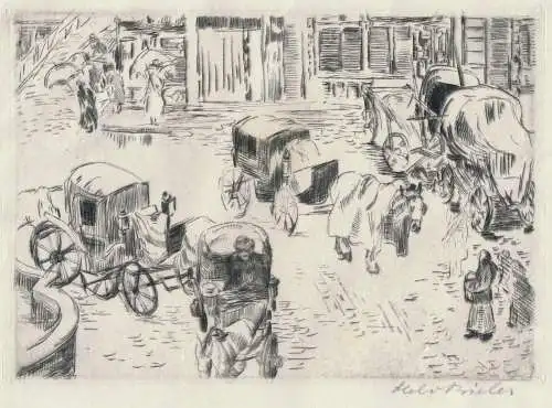 Radierung,Helene v. Bieler ,Droschkenstand in Würzburg-  1917, auf dünem papier