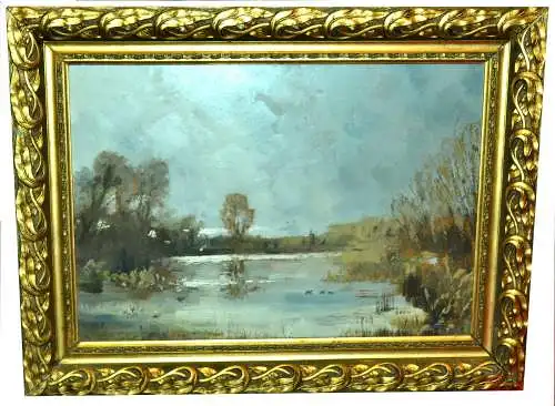 Gemälde, Öl auf Platte,Moorlandschaft b.Dachau.sign.:Simon Hohenegger u. gerahmt